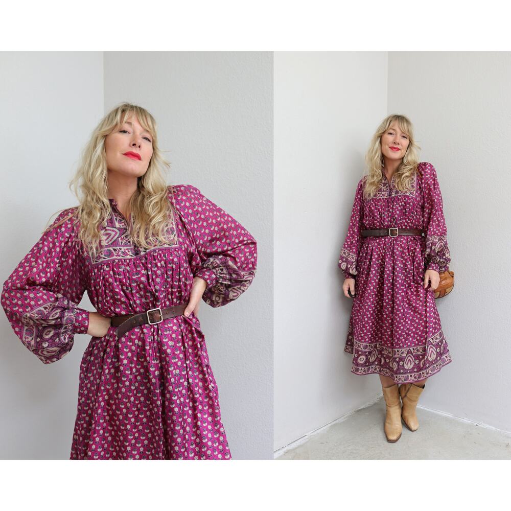 1970's Vintage Silk Indian Import Full Balloon Sleeve Dress ~ Women's XS SM MD